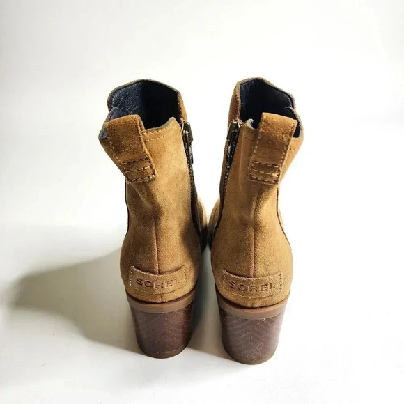 Sorel Cate Waterproof Suede Block Heel Bootie Side Zip Size 7 Camel Brown - Picture 4 of 9